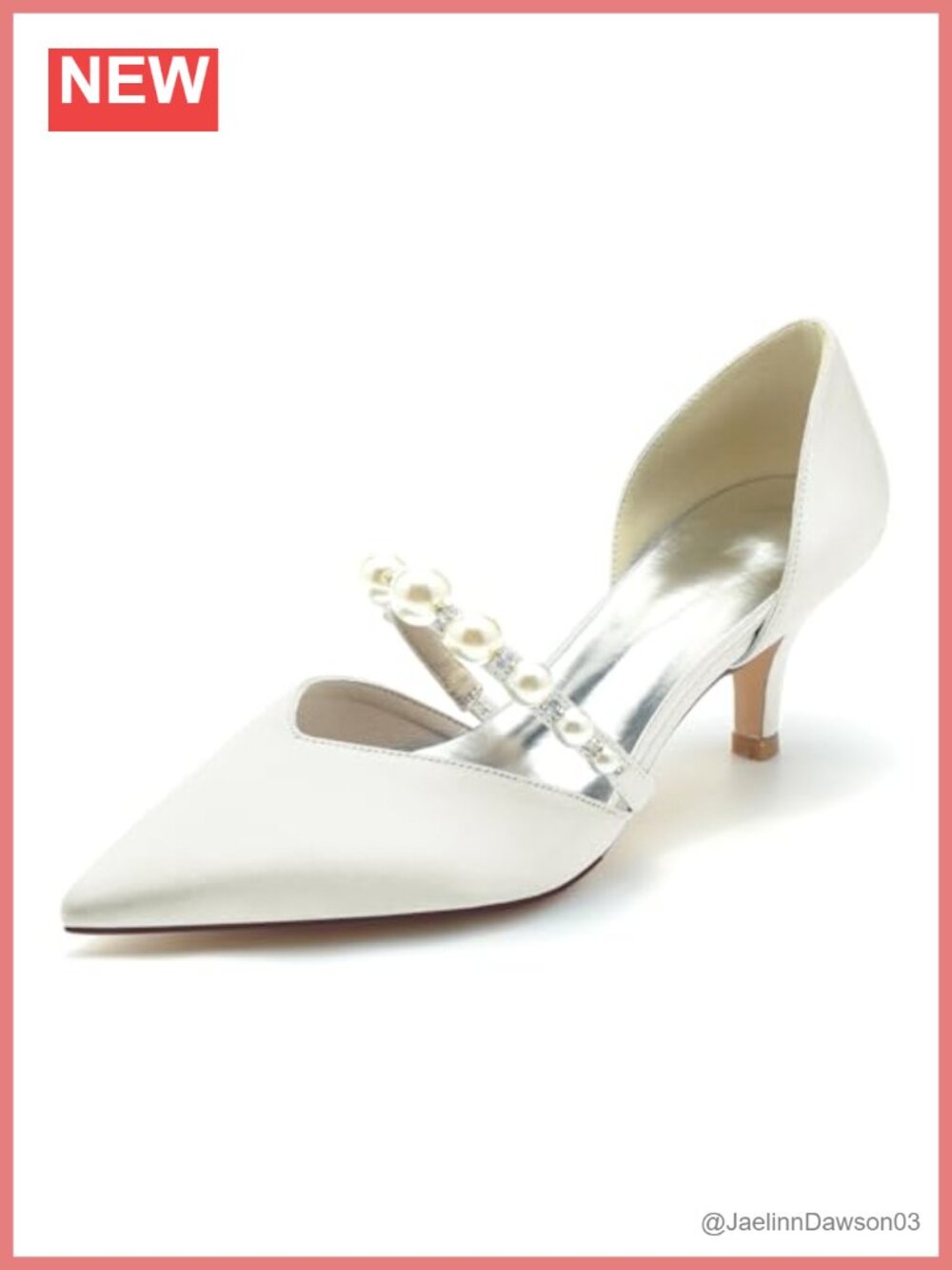 Ivory Satin Pearl Pointed Toe Low Heel Wedding Shoes for Bride Bridal Pumps